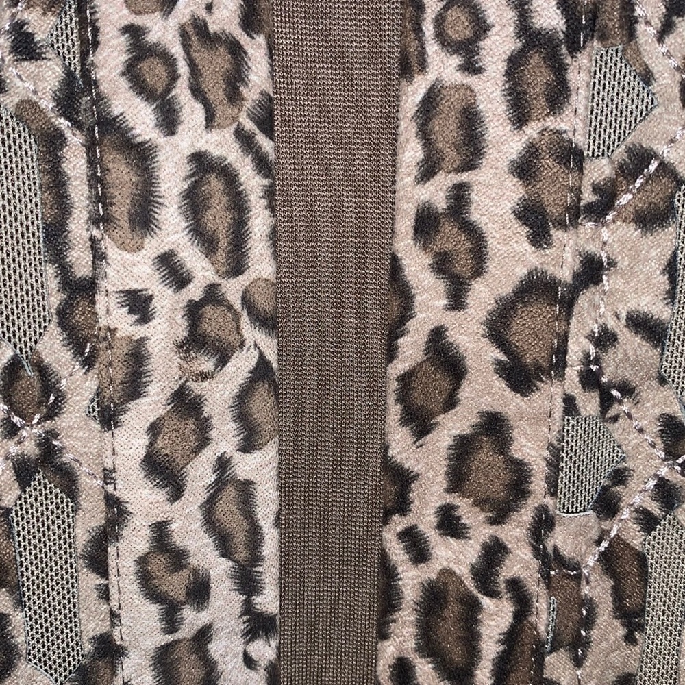 CHICO’s Taupe Leopard Print Mesh Inset Open Front Duster Cardigan - Picture 10 of 16